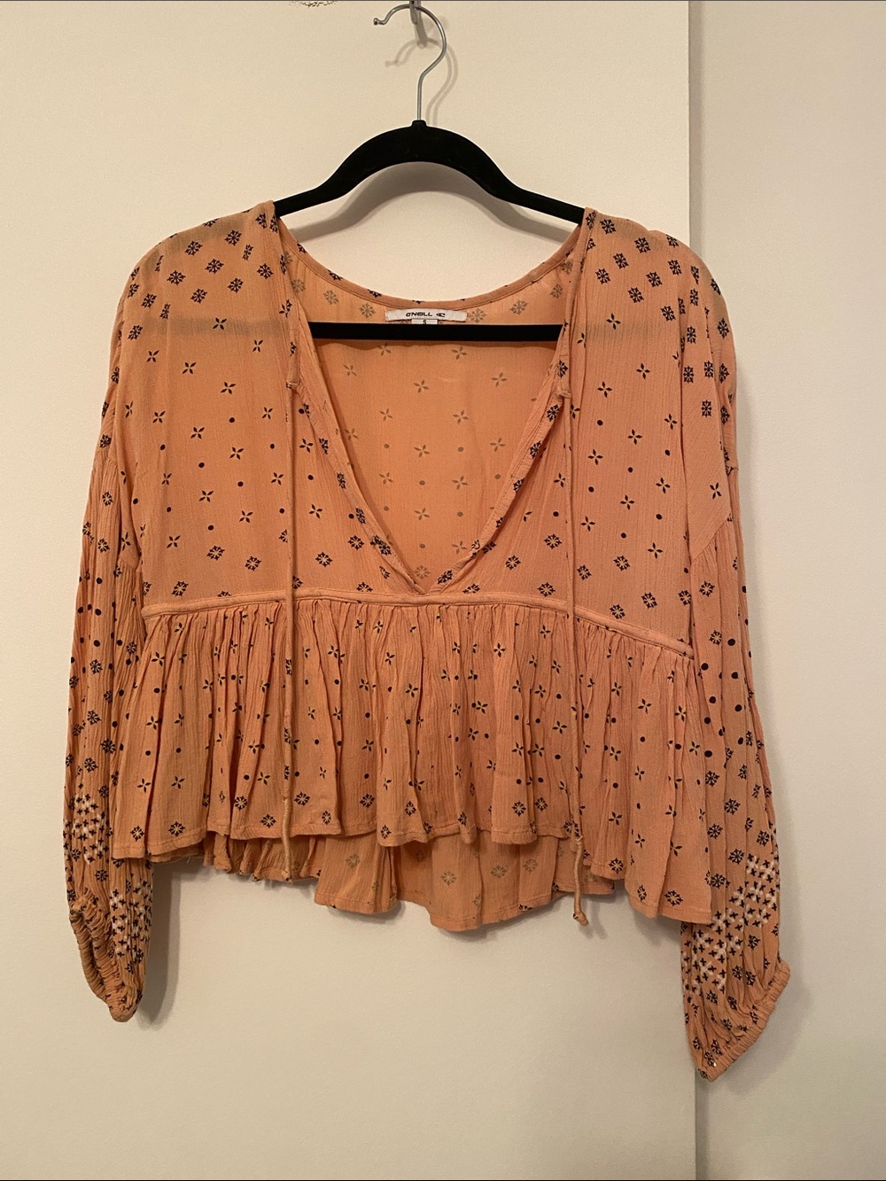 O'Neill Peach V-Neck Smocked Peasant Top